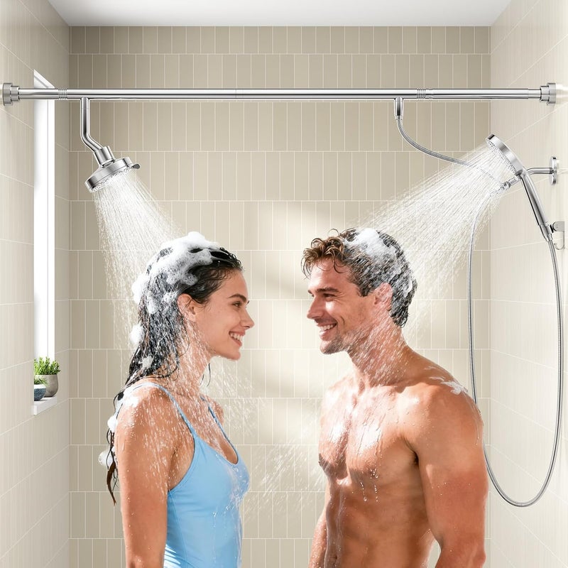 NTPN Dual Shower Head with Handheld for Couples, High Pressure Double Shower Heads for Two People Rod, Two Showerhead System Fit 2 Person, Gifts for Women Men, SPA-Like (Chrome, Segmented Design) - Image 1